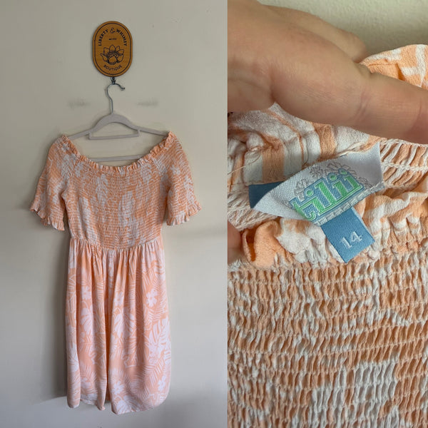 TILII peach leaf ruched lined dress Sz 14 EEUC