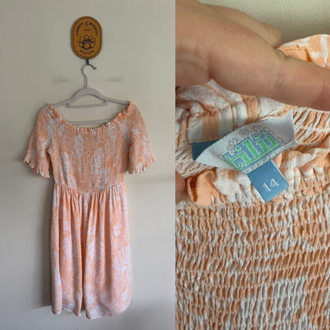 TILII peach leaf ruched lined dress Sz 14 EEUC