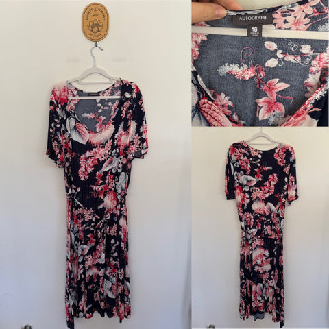 Autograph navy/pink floral dress Sz 16 as new worn once