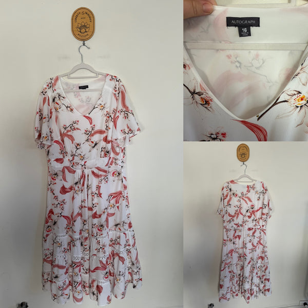 Autograph white/pink floral dress Sz 16 EUC worn once