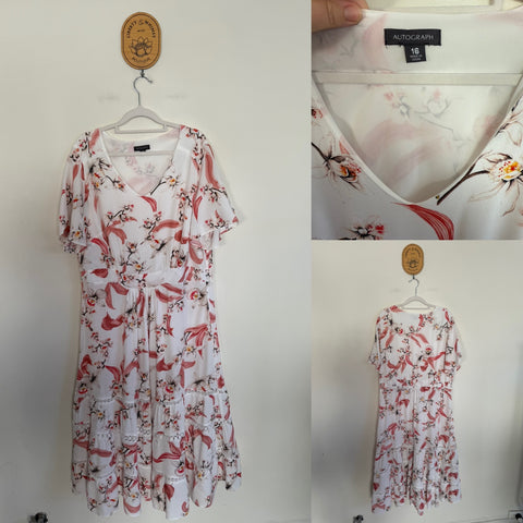Autograph white/pink floral dress Sz 16 EUC worn once