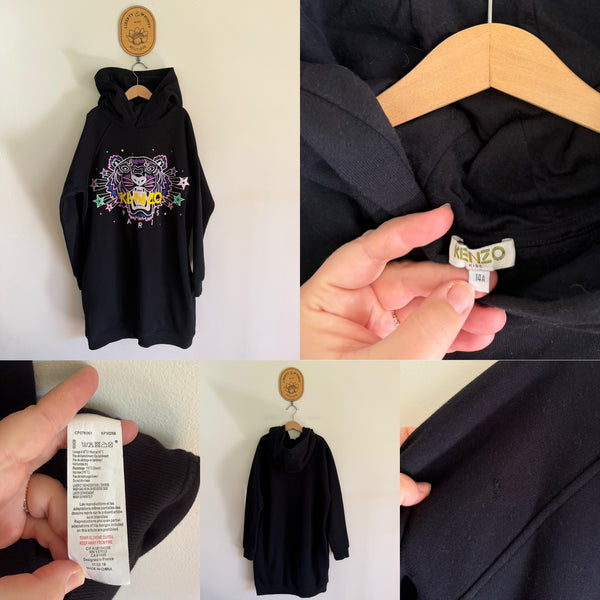 Kenzo Kids l/s black hooded fleece jumper dress Sz 14 worn once, small nick in shoulder has been mended as pictured