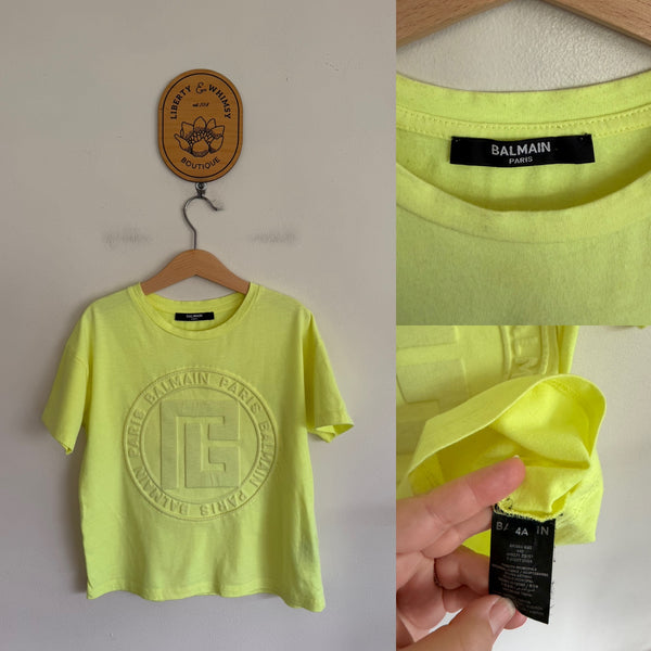 Balmain Paris yellow embossed tshirt Sz 4 EUC