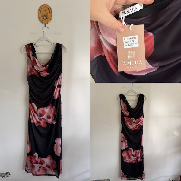 Mica by Amica black/peach floral dress Sz 20 but best fit 18 imo, RRP $150 NWT