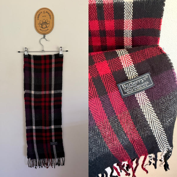 Burberry red/black/purple tartan wool scarf EEUC