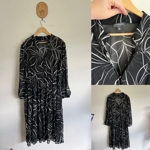 Autograph l/s black & white print sheer dress Sz 18 NWOT