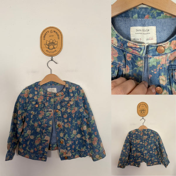 Zara Girls floral denim jacket Sz 5 EEUC