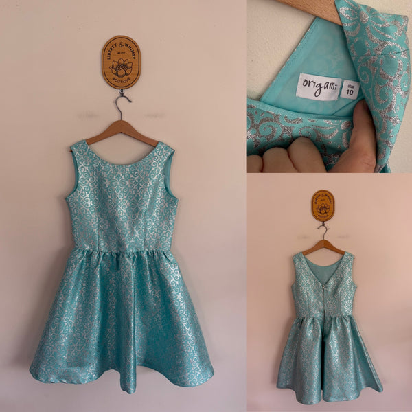 Origami aqua brocade dress Sz 10 NWOT