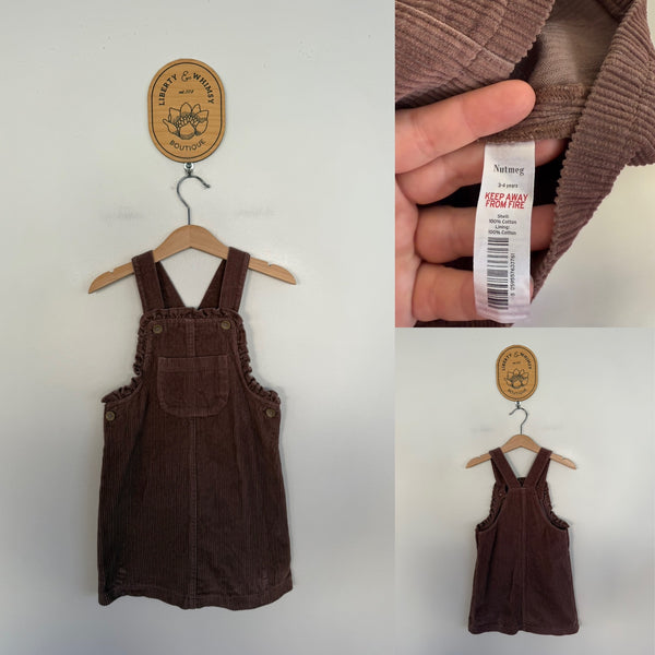 Nutmeg brown cord pinafore Sz 3-4 EEUC (peg marks)