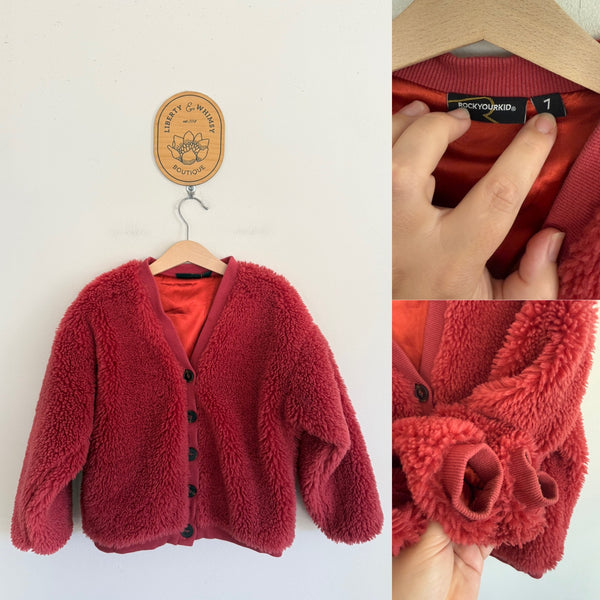 Rock Your Kid red/pink fluffy jacket Sz 7 EUC