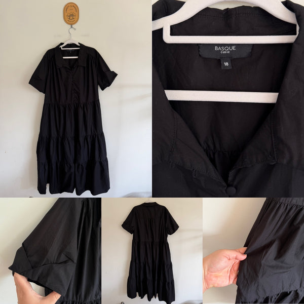 Basque Curve black tiered pocket dress Sz 18 as new