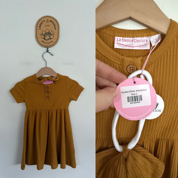 La Sienna honey mustard cozy basic dress & headband set Sz 1 NWT