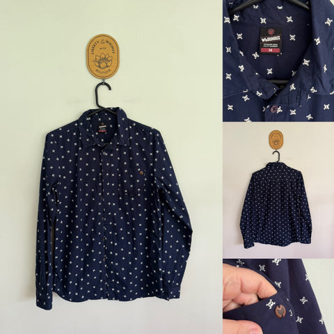 Bauhaus navy print button up shirt Sz 14 EUC worn twice