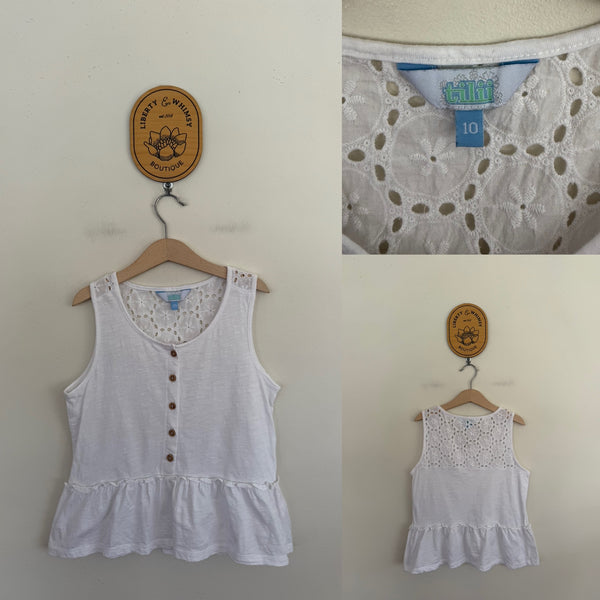 TILII white broderie tank Sz 10 as new