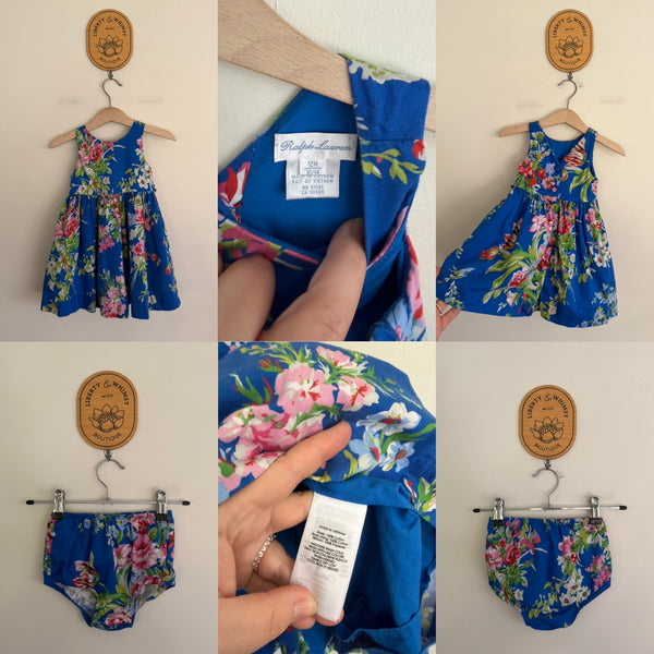 Ralph Lauren blue floral dress & bloomers outfit Sz 12m EUC worn once, no belt