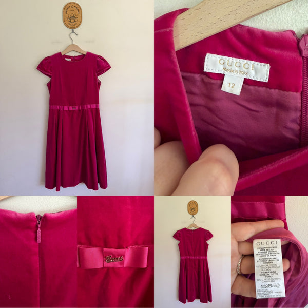 Gucci deep pink lined velvet dress with bow Sz 12 VGUC