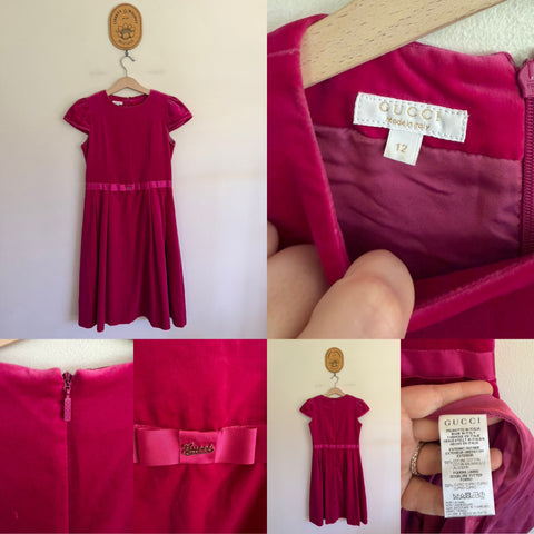 Gucci deep pink lined velvet dress with bow Sz 12 VGUC