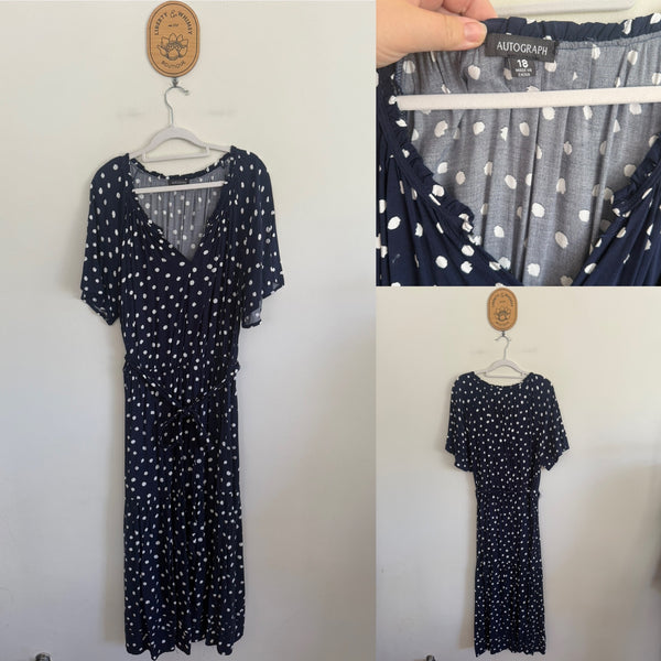 Autograph navy spot belted dress Sz 18 as new