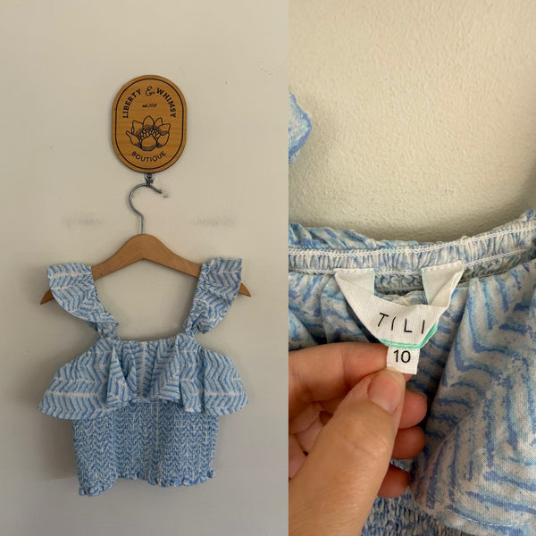 TILII blue/white ruffle top Sz 10 as new