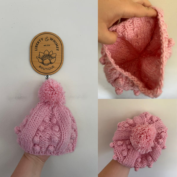 Handmade pink bobble beanie hat Sz 3-6 approx, as new