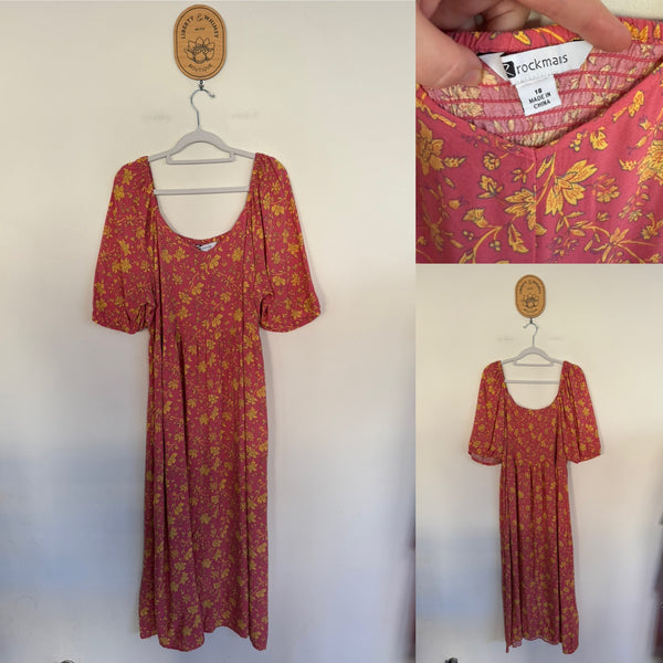Rockmans pink floral shirred dress Sz 18 EUC worn once