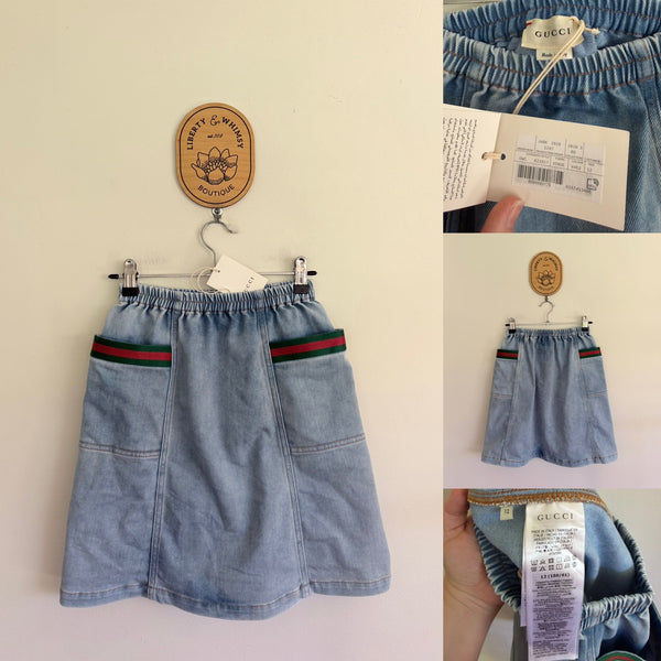 Gucci light denim distressed skirt with stripe pocket trim Sz 12 NWT