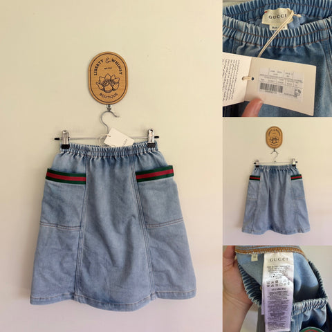 Gucci light denim distressed skirt with stripe pocket trim Sz 12 NWT