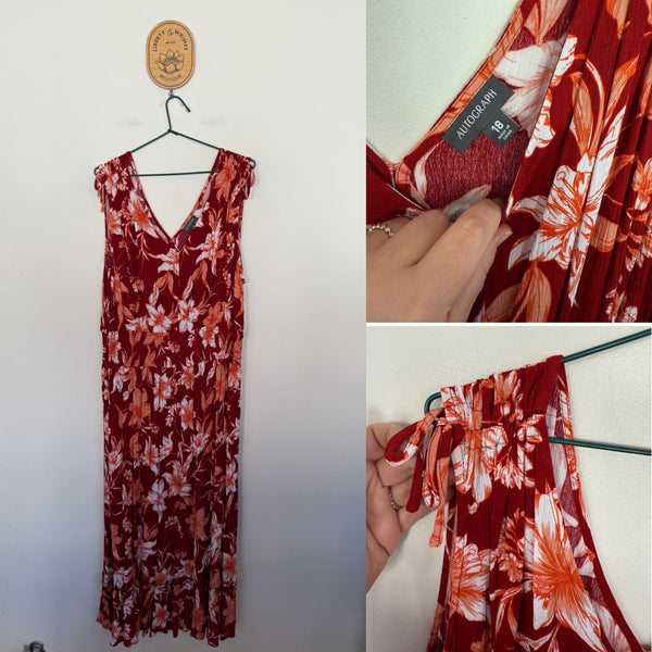 Autograph red hibiscus smocked waist dress Sz 18 RRP $99.95 NWOT