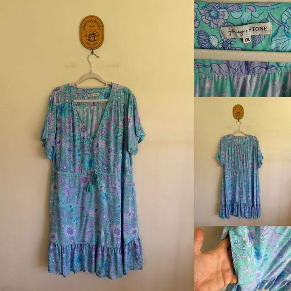 Honey + Stone aqua floral boho dress Sz XXL 18 NWOT