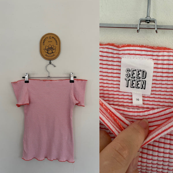 Seed stripe ribbed off the shoulder top Sz 16 but best fit 12, as new