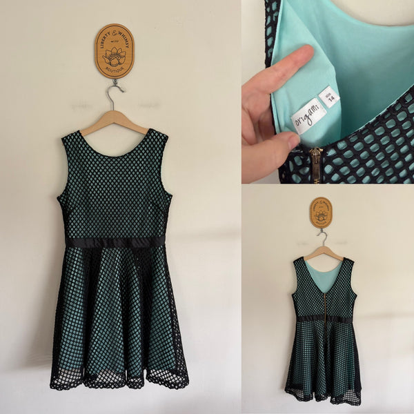 Origami aqua/black netted dress Sz 14 NWOT