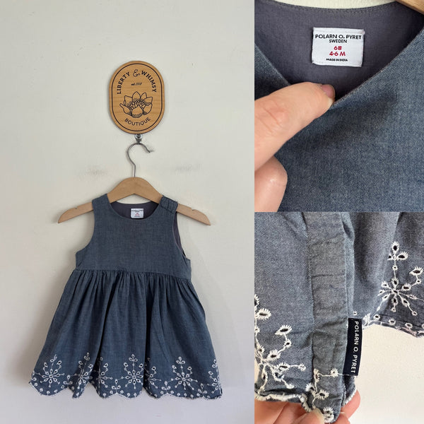Polarn O. Pyret Sweden denim embroidered dress Sz 4-6m EUC