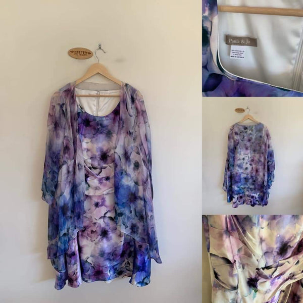 Paula & Jo Floral Silk Dress & Shawl/Cardigan Set Size 14-16 NWT