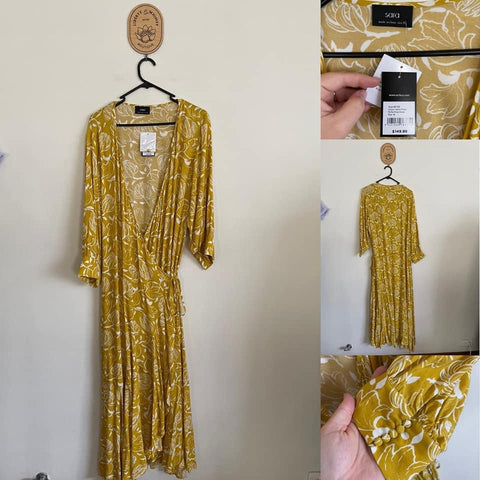 Sara mustard ruffle wrap dress Sz 16 RRP $149.99 NWT