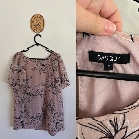 Basque dusty pink big flowers s/s top Sz 18 as new (washed)