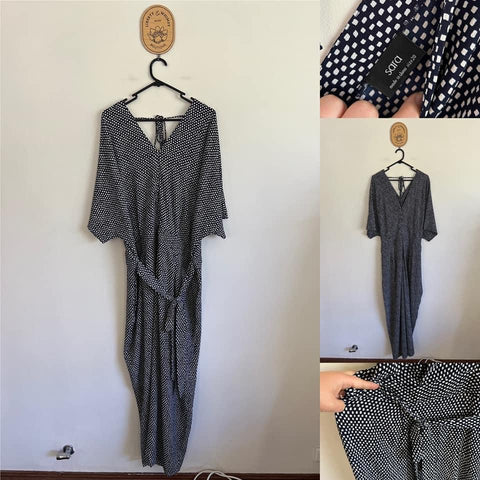 Sara blue textured playsuit with side pockets, 3/4 leg length, tie back Sz 20 RRP $149.99 as new (washed)