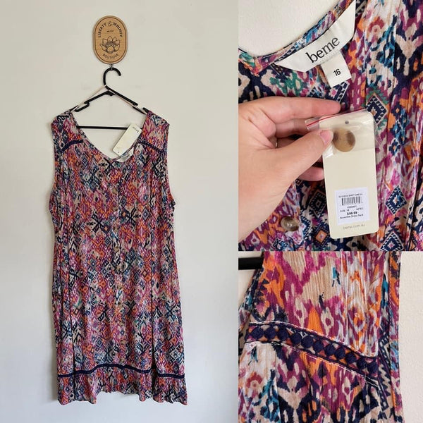 BeMe Aztec ruffle hem shift dress Sz 16 RRP $99.99 NWT