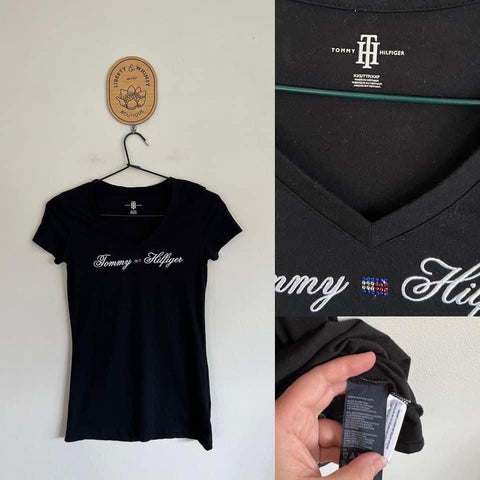 Tommy Hilfiger black logo T-shirt Sz XXS as new (washed) except one of the diamantés isn’t completely in line