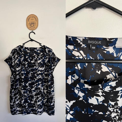 Basque blue/black/white floral top Sz 16 as new (washed)
