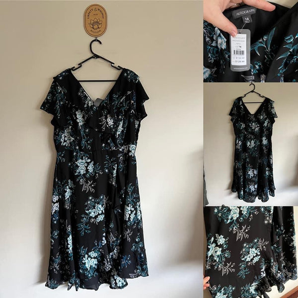 Autograph black/fiery blue “pastel power” ruffle dress Sz 16 RRP $129.99 NWT