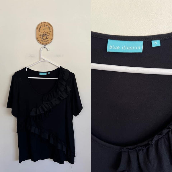 Blue Illusion black multi-ruffle top Sz 2L as new