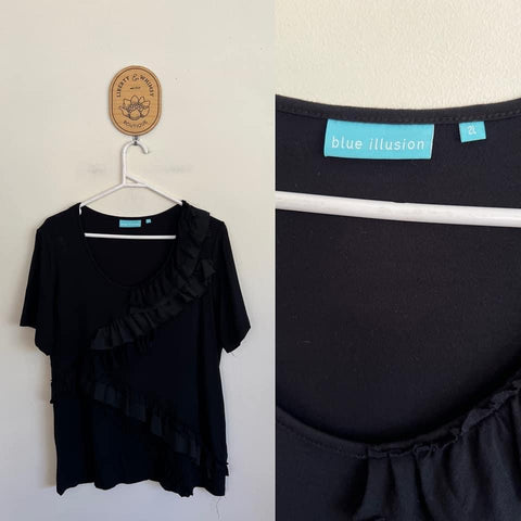 Blue Illusion black multi-ruffle top Sz 2L as new