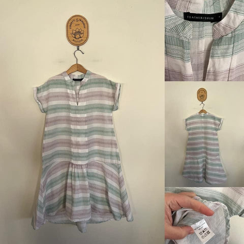 Feather/drum stripe organic cotton/linen dress Sz 8 RRP $106 NWT