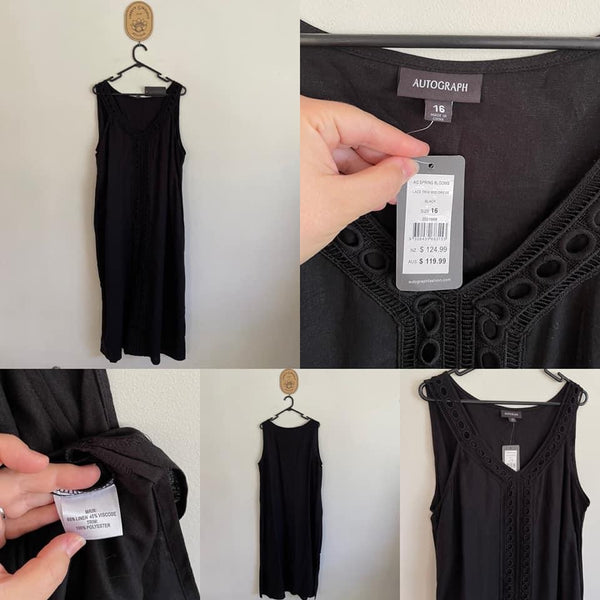 Autograph black lace trim midi dress Sz 16 RRP $119.99 NWT