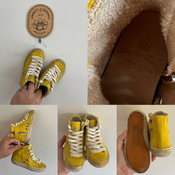 Leather Crown handmade distressed yellow hi-tops Sz 25 EUC only worn once
