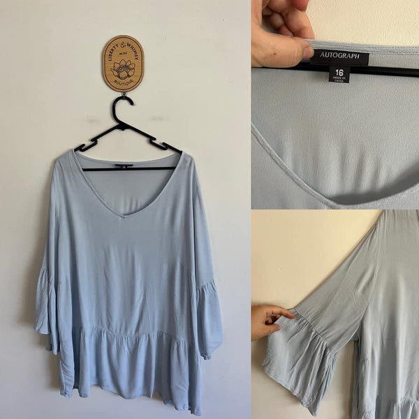 Autograph woven 3/4 sleeve flounce hem top Sz 16 as new