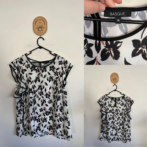 Basque black/white floral ruffle top Sz 18 as new (washed)