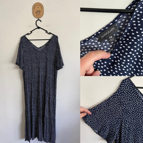 Autograph woven v-neck navy spot tiered maxi dress Sz 16 RRP $99.99 NWOT