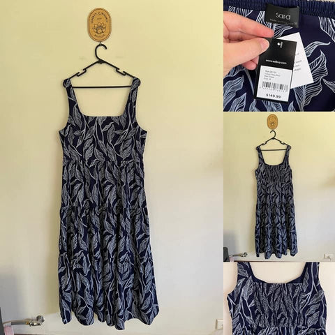 Sara navy leaves print maxi dress Sz 18 RRP $149.99 NWT