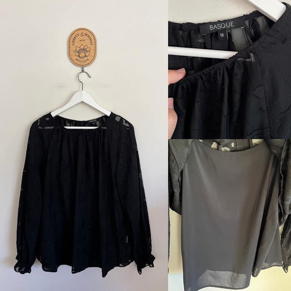 Basque l/s black brocade flowers top with in-built tank Sz 18 as new